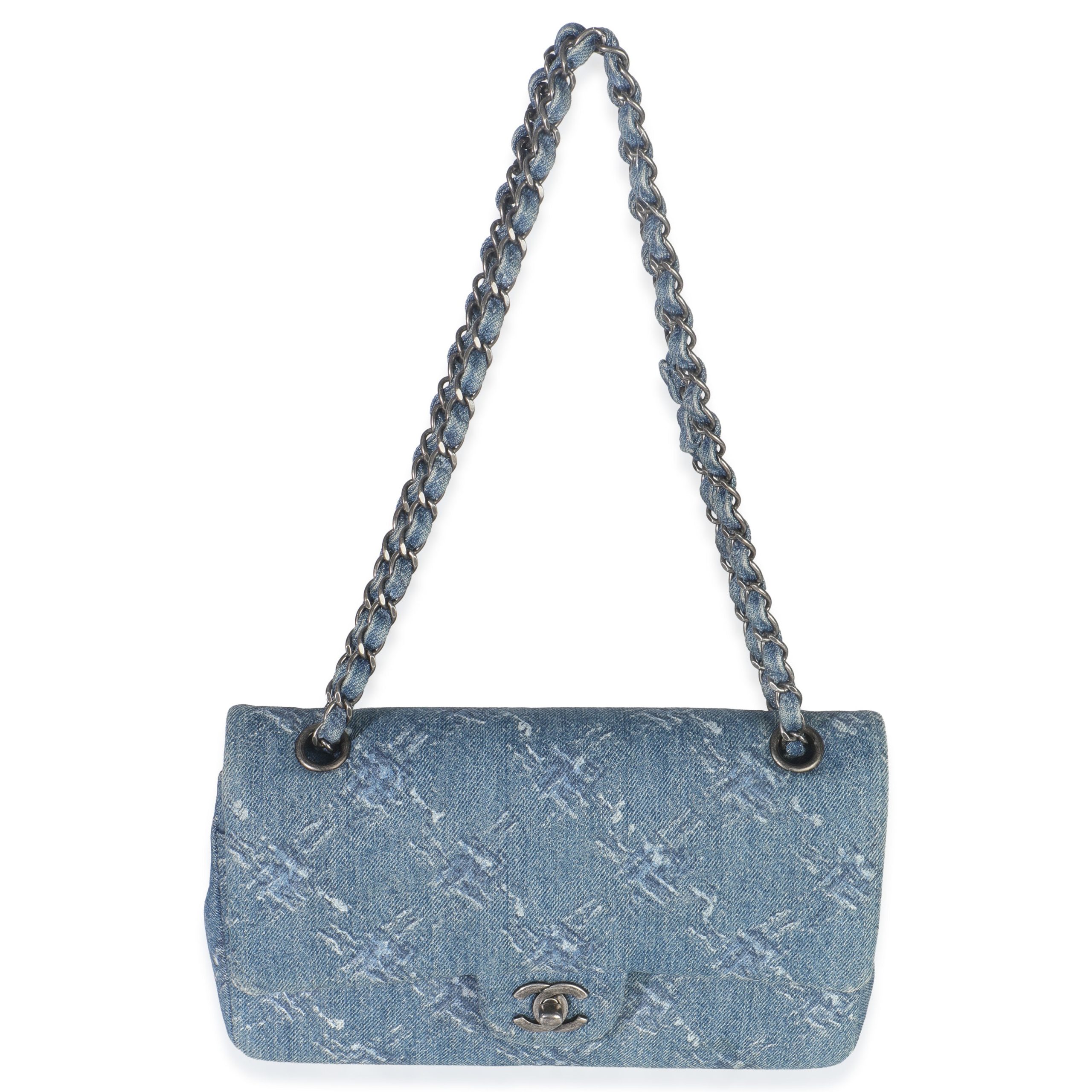 Blue Bleached Chain Printed Denim Medium Classic Double Flap Bag - 图片 8