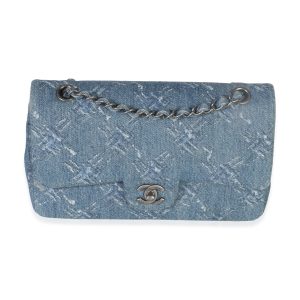 Blue Bleached Chain Printed Denim Medium Classic Double Flap Bag