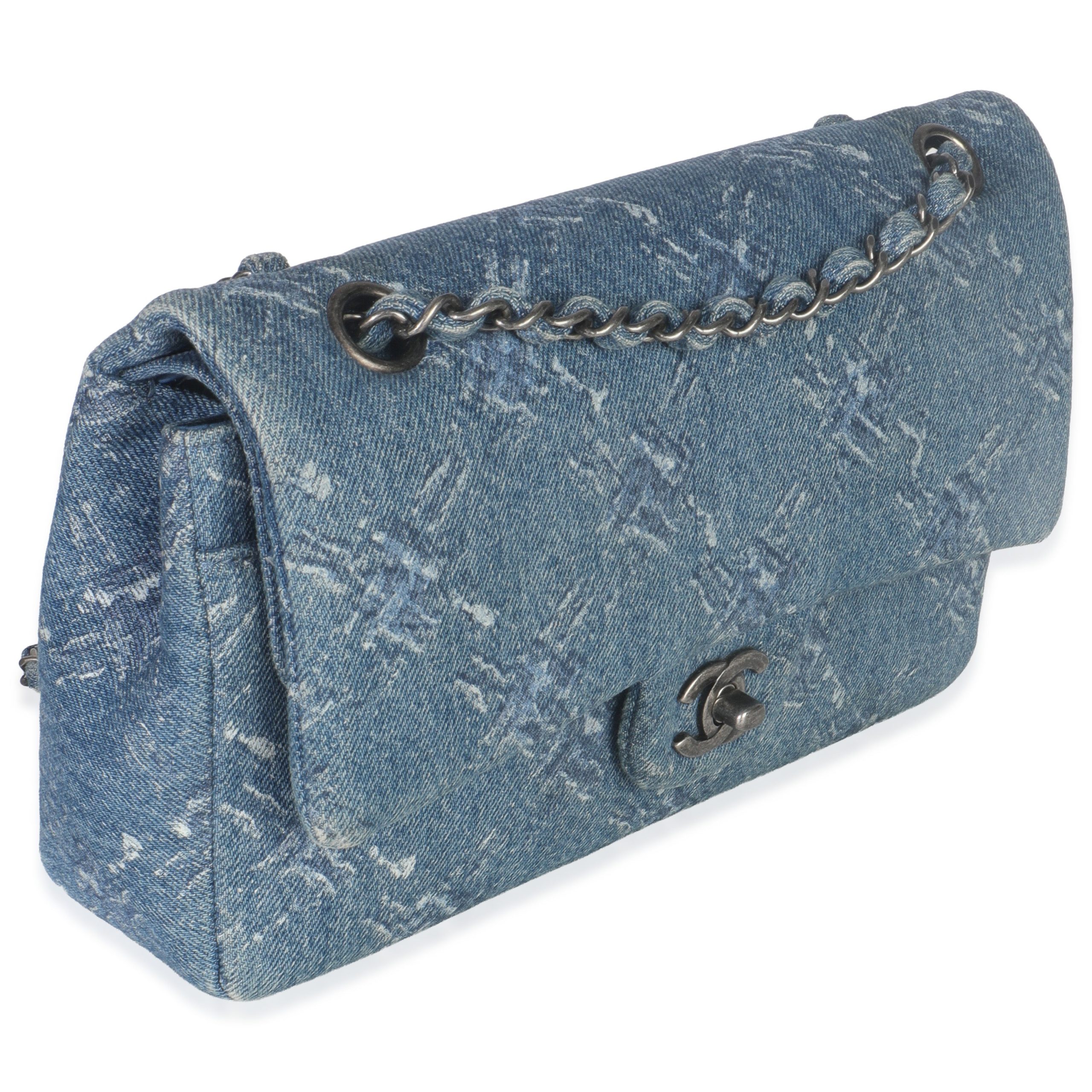 Blue Bleached Chain Printed Denim Medium Classic Double Flap Bag - 图片 3