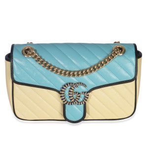 Blue Yellow Calfskin Matelasse Diagonal Torchon Small GG Marmont Bag