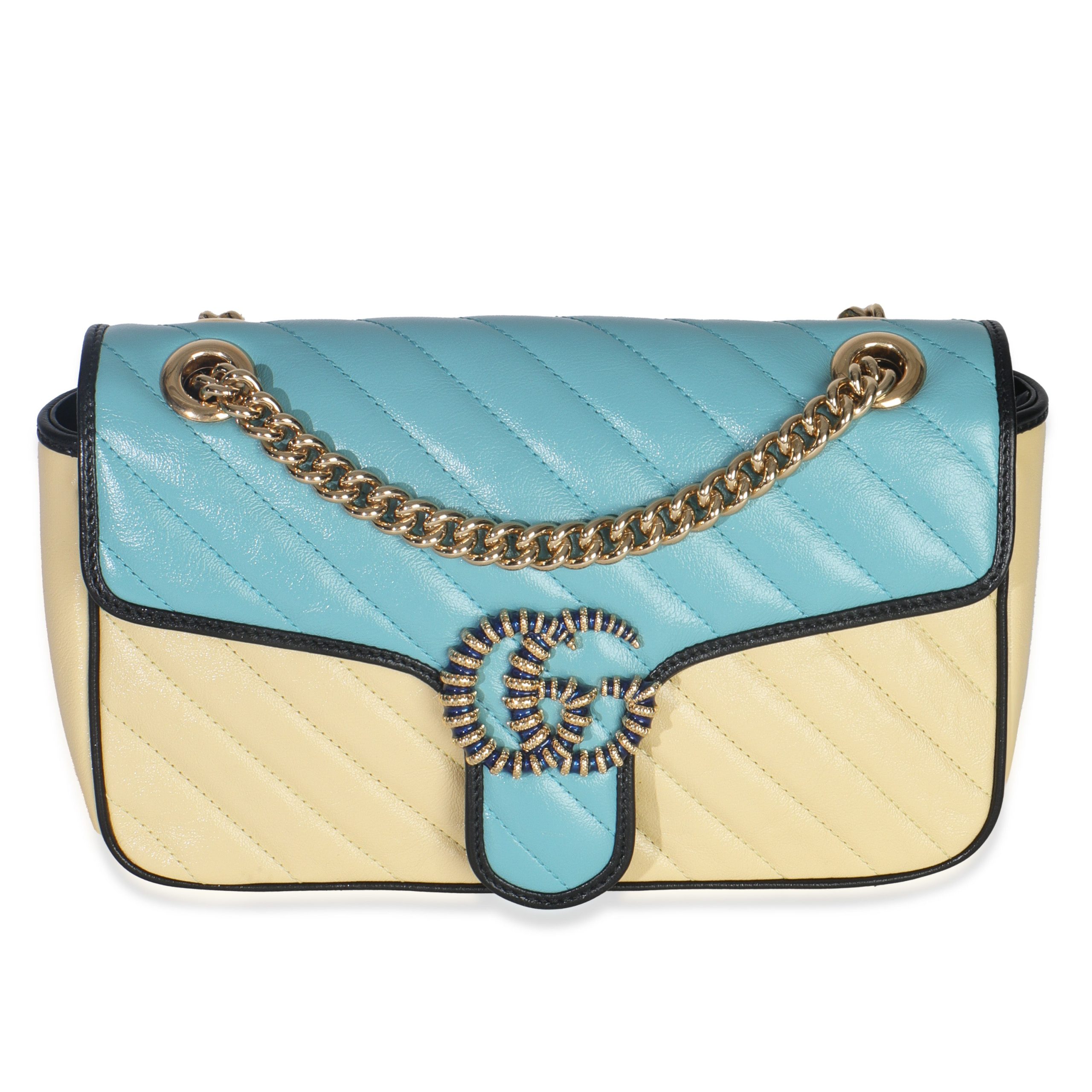 Blue Yellow Calfskin Matelasse Diagonal Torchon Small GG Marmont Bag