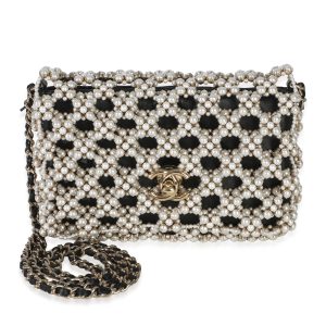 Black Gold Metal Pearl Embellished Mini Flap Bag