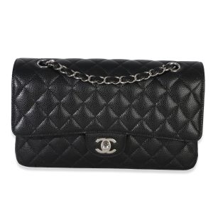 Black Quilted Caviar Medium Classic Double Flap Handbag