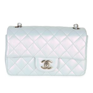 Blue Iridescent Quilted Goatskin Rectangular Mini Flap