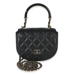 Black Quilted Lambskin CC Half Moon Top Handle Flap