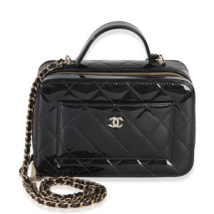 Black Quilted Patent Top Handle Vanity With Chain