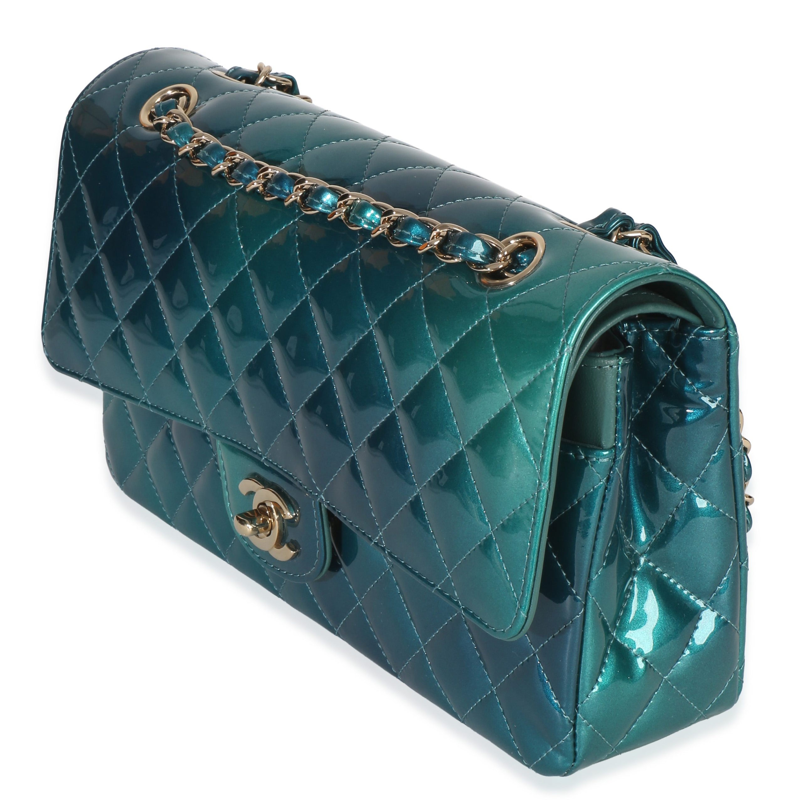 Green Blue Shaded Quilted Patent Medium Classic Double Flap Bag - 图片 2