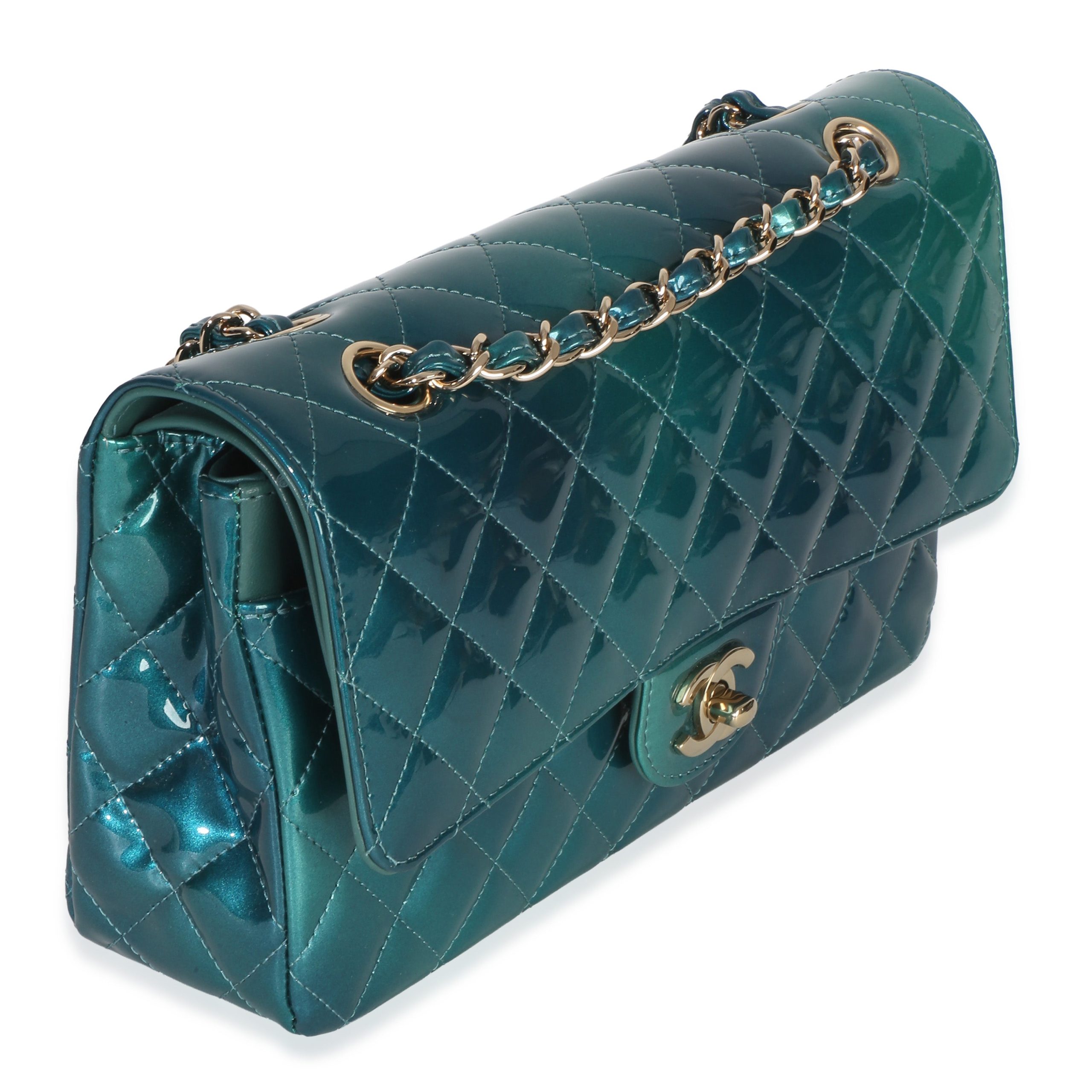Green Blue Shaded Quilted Patent Medium Classic Double Flap Bag - 图片 3