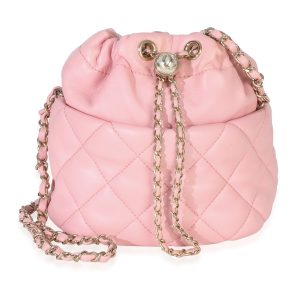 Pink Quilted Lambskin Pearl Drawstring Bucket Bag