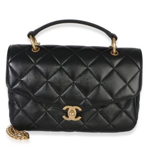 Black Quilted Lambskin Top Handle Envelope Flap Bag