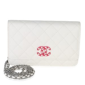 White Pink Quilted Caviar Woven CC Wallet On Chain