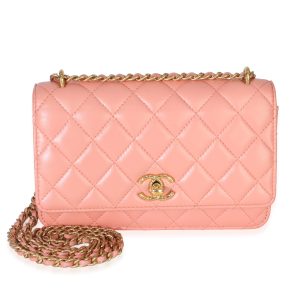 Iridescent Pink Quilted Lambskin CC Wallet On Chain