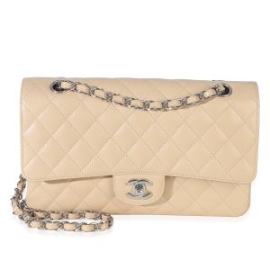 Beige Quilted Caviar Medium Double Flap Handbag