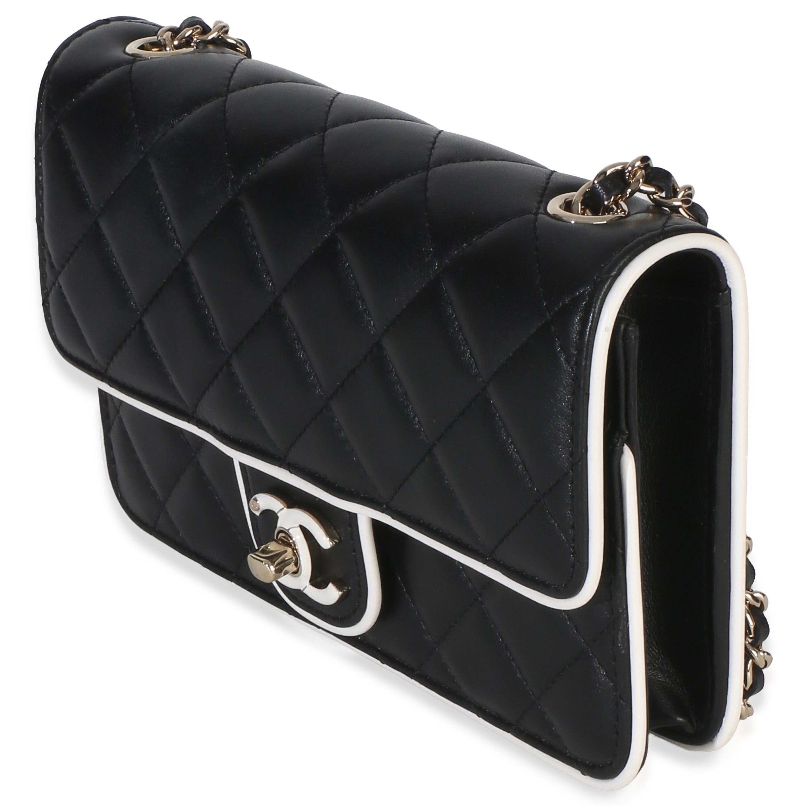26P Black White Quilted Lambskin Resin CC Flap Wallet On Chain - 图片 2