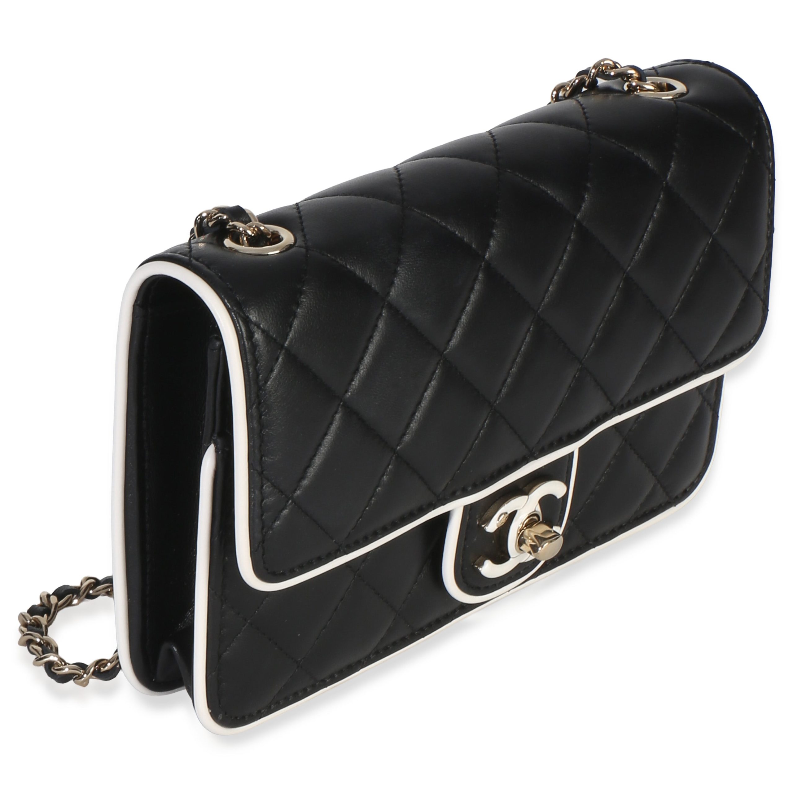 26P Black White Quilted Lambskin Resin CC Flap Wallet On Chain - 图片 3