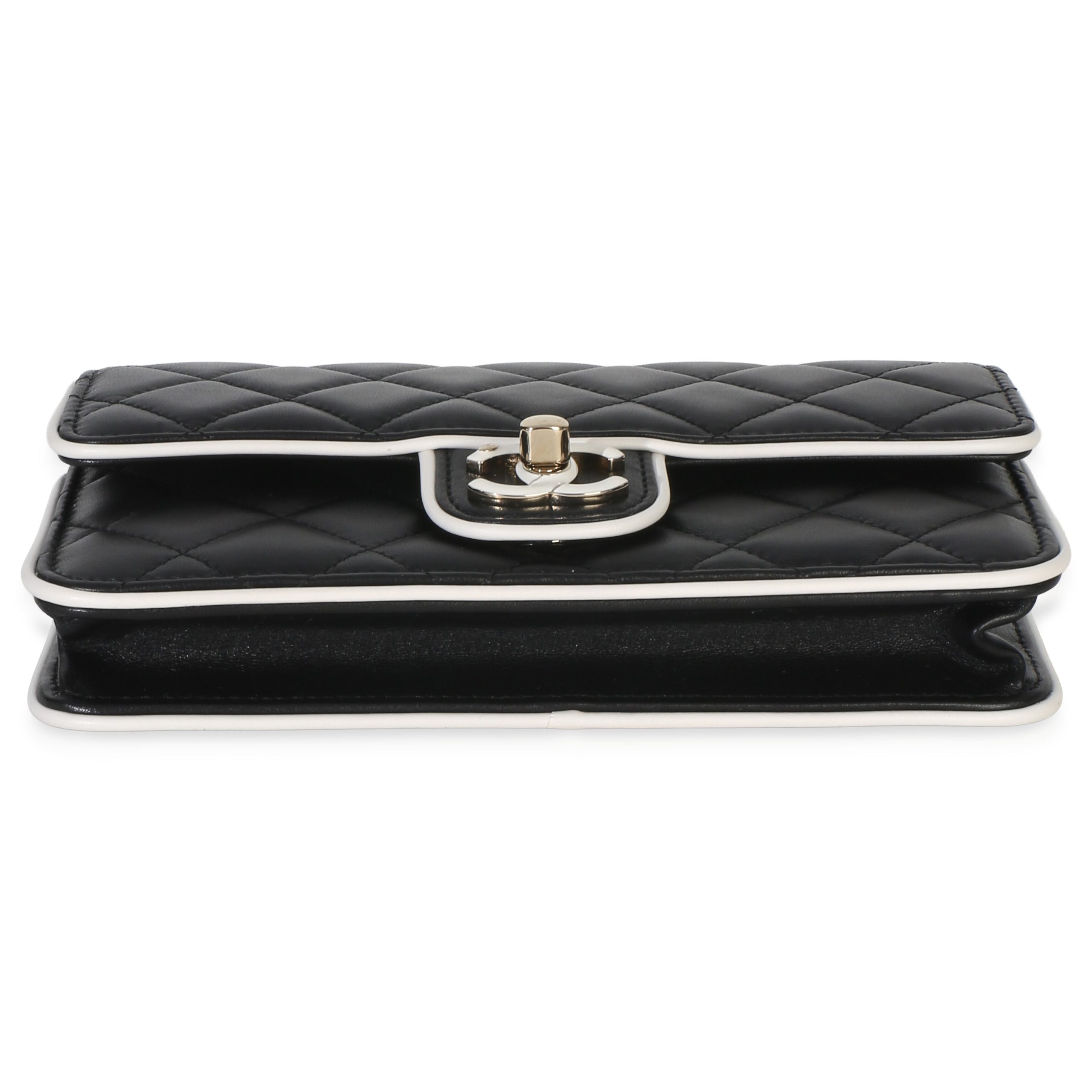 26P Black White Quilted Lambskin Resin CC Flap Wallet On Chain - 图片 5