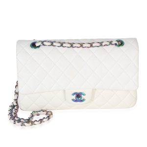 White Quilted Caviar Rainbow Medium Classic Double Flap Handbag