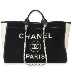 Black White Wool Calfskin Felt Large Deauville Tote