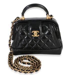 Black Quilted Shiny Lambskin Nano Cocodoc Clutch With Chain