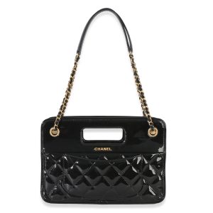 Black Quilted Patent Graphic Catch Small Shopping Bag