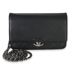 Black Quilted Grained Calfskin CC Box Wallet On Chain