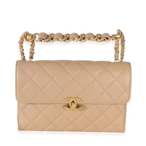 Beige Quilted Lambskin Chain Top Handle Small Flap Bag
