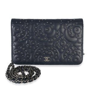 Blue Lambskin Camellia Studded Wallet on Chain