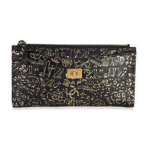 Black Gold Calfskin Crocodile Embossed Graffiti 2.55 Cocodile Reissue Zip