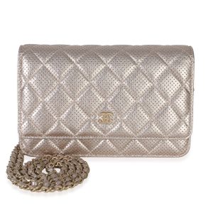 Light Pink Metallic Quilted Perforated Lambskin Wallet On Chain