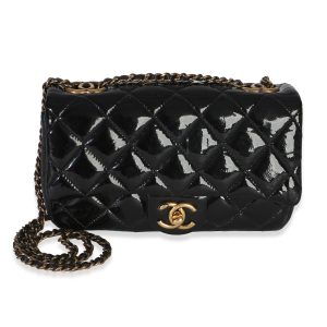 Black Quilted Patent Goatskin Small CC Eyelet Flap Bag