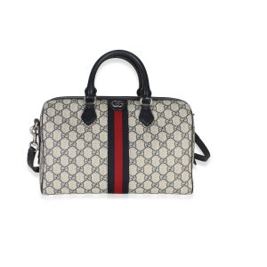 Beige Blue GG Supreme Monogram Web Medium Ophidia Boston Bag