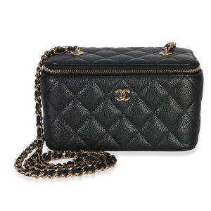 Black Quilted Caviar Small Vanity Case With Chain