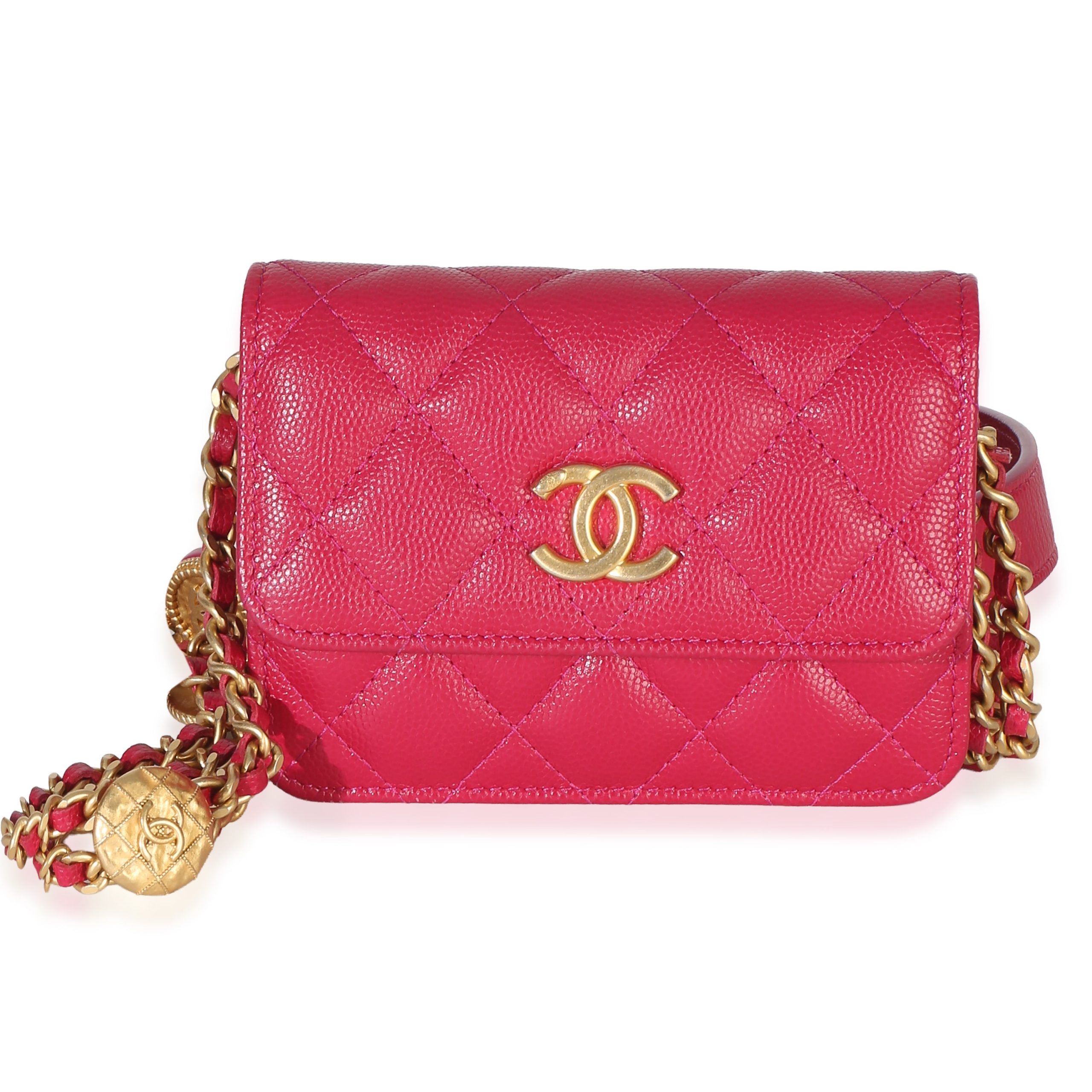 Pink Quilted Caviar Twist Your Buttons Coin Purse With Chain