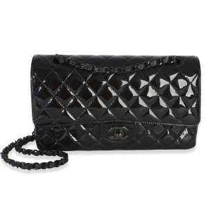 So Black Quilted Patent Medium Classic Double Flap Bag