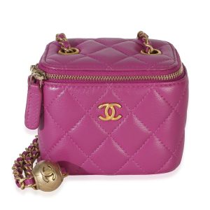 Dark Purple Quilted Lambskin Pearl Crush Mini Vanity Case With Chain