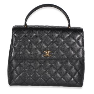 Vintage 24k Black Quilted Caviar Kelly Top Handle Bag