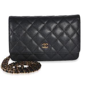 Black Quilted Caviar Classic Wallet On Chain
