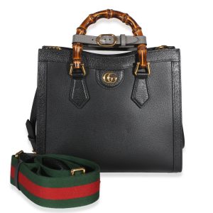 Black Textured Dollar Calfskin Web Medium Diana Tote