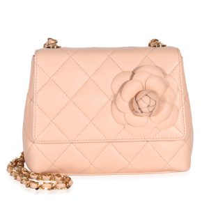 Vintage Pink Peach Quilted Lambskin Camellia Mini Flap Bag