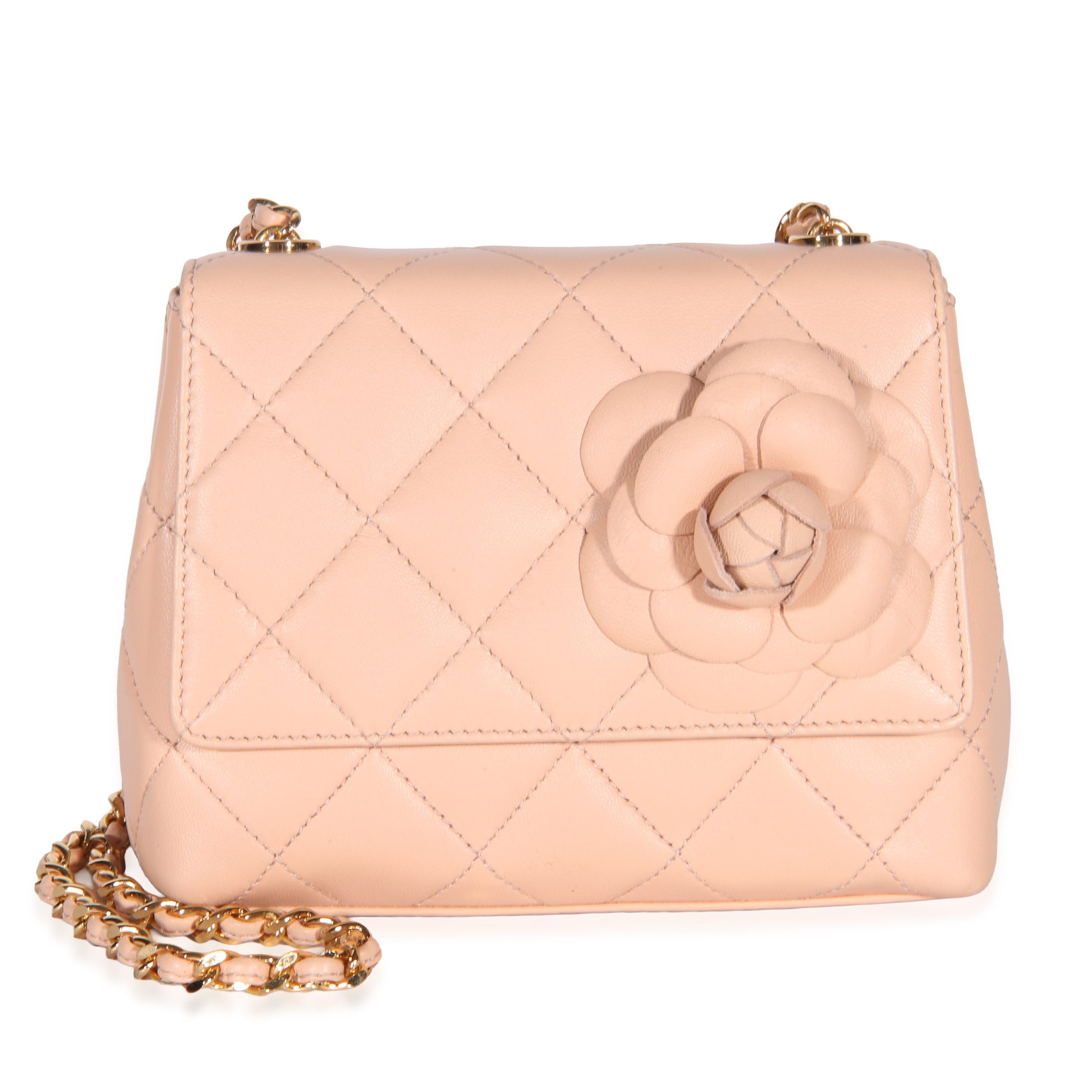 Vintage Pink Peach Quilted Lambskin Camellia Mini Flap Bag