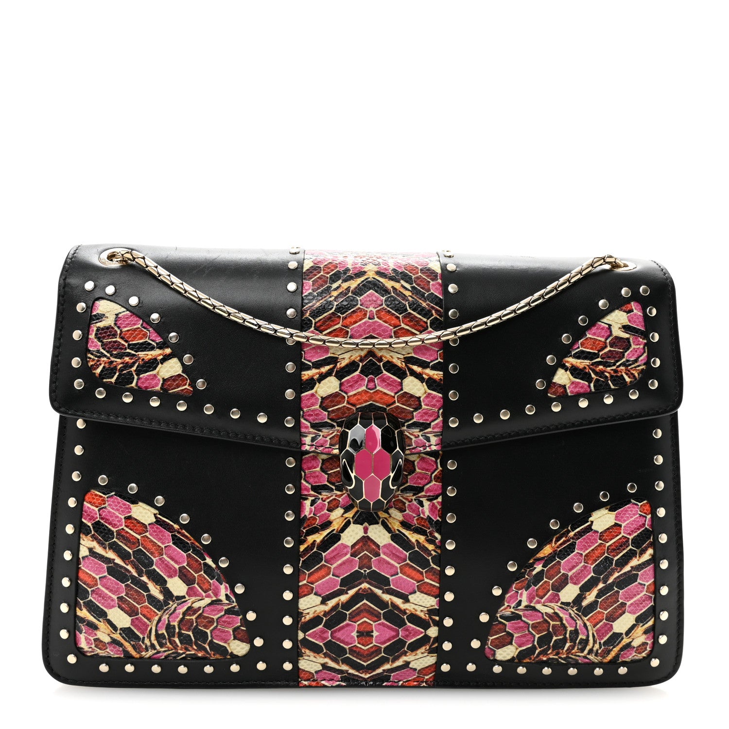 Calfskin Karung Studded Serpenti Forever Shoulder Bag Black Pink Multicolor