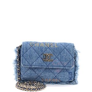 Denim Mood Flap Clutch with Chain Logo Printed Quilted Fringe Denim