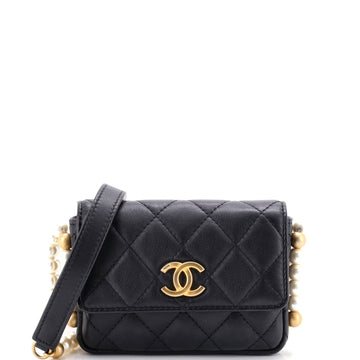 About Pearls Flap Card Holder with Chain Quilted Calfskin
