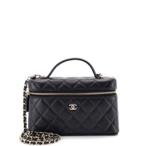 Classic Top Handle Slim Vanity Case with Chain Quilted Caviar Small
