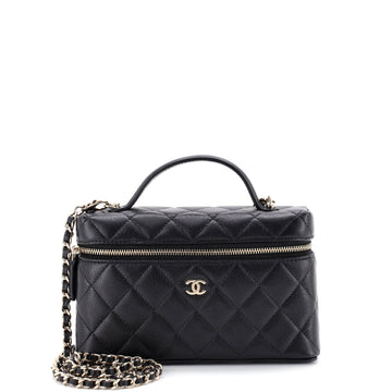 Classic Top Handle Slim Vanity Case with Chain Quilted Caviar Small