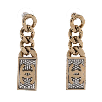 CC Dog Tag Charm Drop Earrings Metal with Crystals