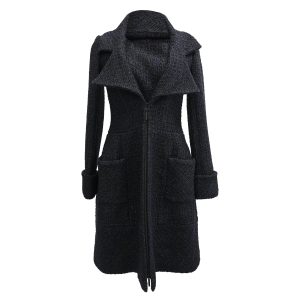 Women's  Chanel Zip-Up Tweed Coat with Pockets in Black Polyamide