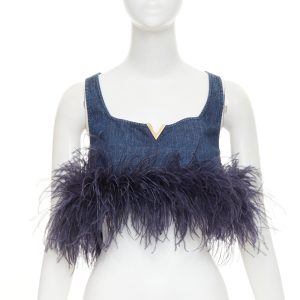 Women's Valentino denim turkey feather trimmed crop top