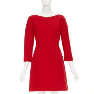 Women's Valentino wide V neck red wool silk A-line dress