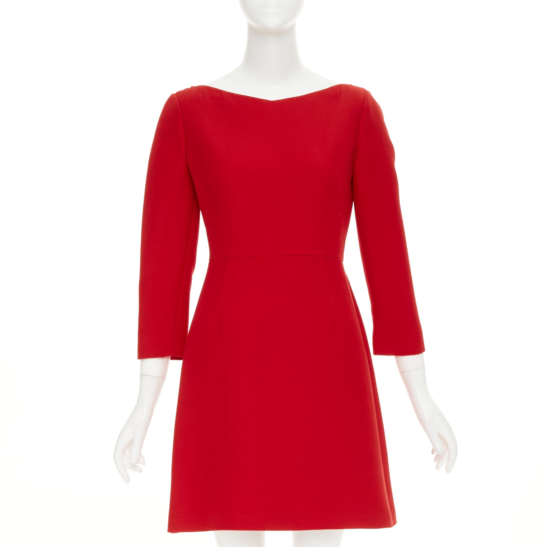 Women's Valentino wide V neck red wool silk A-line dress